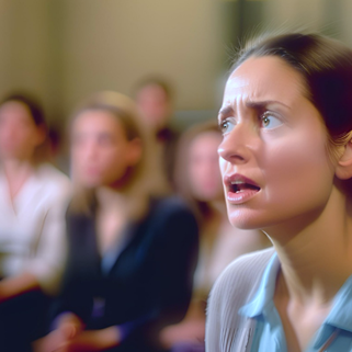 n kvinna sitter bland andra människor i ett rum minuterna innan hon ska gå upp på scenen. Hon har ljust hår som är bakåtkammat och bär en ljus tröja. Hennes ansikte är spänt, munnen lätt öppen och ögonen vidgade, med blicken riktad framåt. Kroppshållningen är stilla men anspänd, som i väntan. I bakgrunden syns andra personer sittande i rader, suddigt återgivna, vilket förstärker känslan av publik och förväntan.