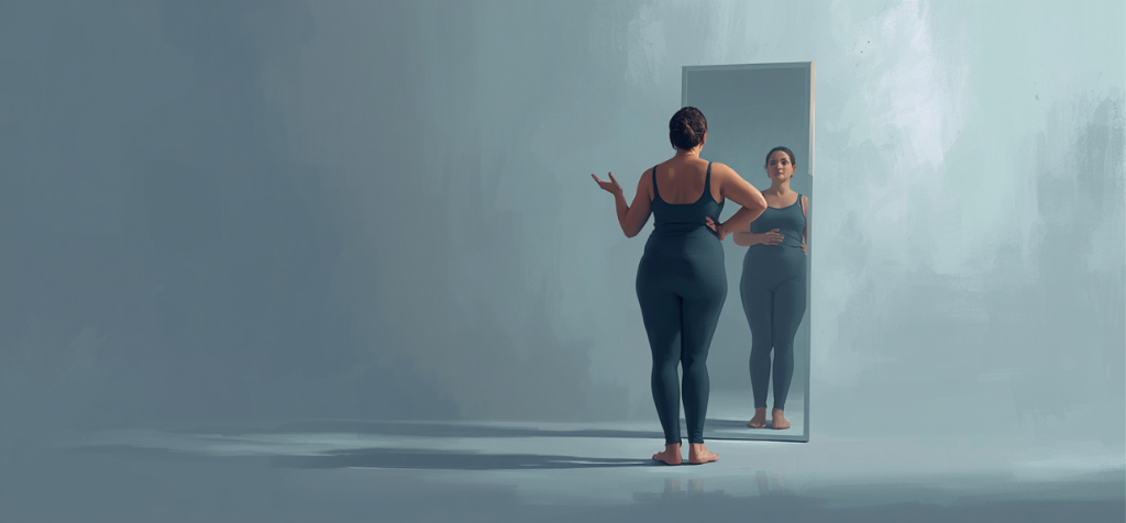 Hur kan självmedvetenhet skapa trygghet i förändring? En kvinna står barfota i ett stort, avskalat rum med mjukt blågrå väggar och golv. Hon bär mörka träningskläder och står vänd mot en hög spegel framför sig. Hennes vänstra hand vilar i sidan medan den högra är lätt upplyft i en förklarande gest. I spegeln ser man hennes ansikte framifrån, fokuserat och koncentrerat, som om hon övar på att uttrycka sig och möta sig själv.