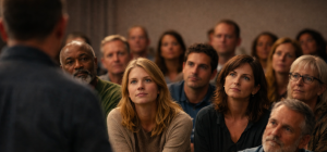 Varför är retoriska frågor viktiga för att få en publik att lyssna aktivt? En grupp människor sitter tätt tillsammans i ett rum och lyssnar koncentrerat på en talare som står i förgrunden med ryggen mot kameran. Publiken består av kvinnor och män i olika åldrar. Flera lutar sig framåt, har blicken riktad mot talaren och ansikten som visar eftertanke och engagemang. En kvinna med ljust hår längst fram möter talarens blick med ett öppet, nyfiket uttryck.