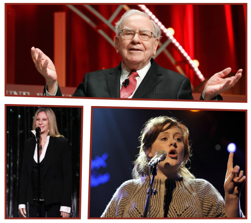 Ett bildcollage med tre personer på scen. Överst syns en äldre man i kostym och slips, med grått hår och glasögon, stående framför rött scenljus med armarna lätt utsträckta i en öppen gest. Nederst till vänster syns en kvinna i mörk kavaj stå vid en mikrofon, med rak hållning och blicken riktad framåt. Nederst till höger syns en yngre kvinna vid en mikrofon, med munnen öppen mitt i ett framträdande och ena handen upplyft med ett pekande finger. Alla tre befinner sig på scen i ljussatta miljöer.