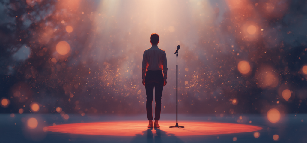 En ensam talare står på en upplyst scen framför en mikrofon. Ljuset och atmosfären skapar fokus på närvaro, mod och ögonblicket då talaren tar plats inför publiken.