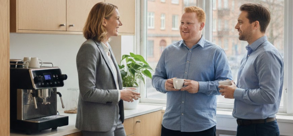 Tre kollegor står i ett kök på arbetsplatsen och samtalar informellt medan de dricker kaffe. De lyssnar på varandra och ler. Bilden förmedlar vardaglig dialog, närvaro och relationer som stärker kommunikativt ledarskap.