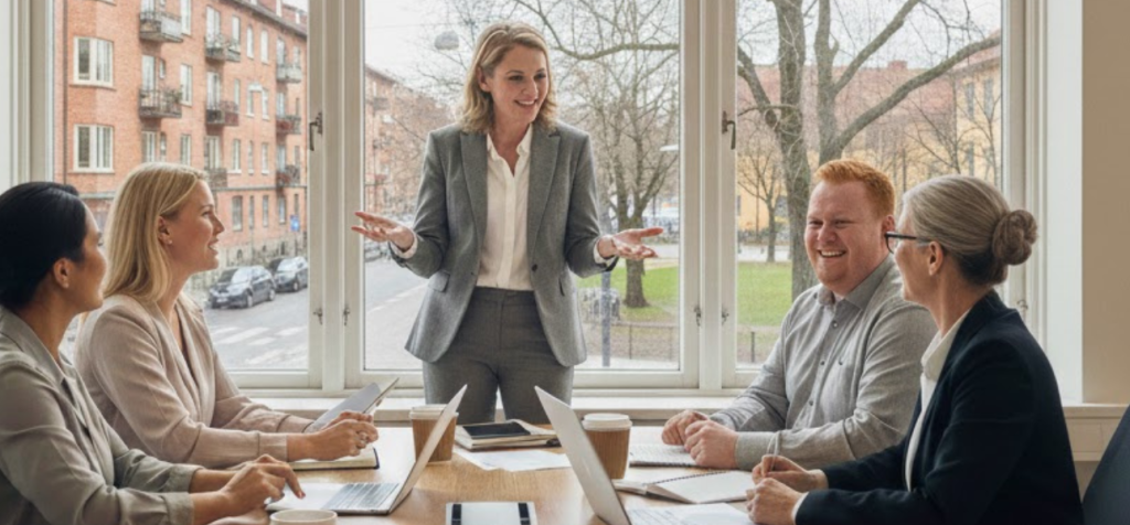 En ledare står vid ett mötesbord och samtalar med fyra kollegor som sitter runt bordet. Gruppen lyssnar, ler och är engagerad i dialogen. Bilden förmedlar samarbete, lyhördhet och kommunikativt ledarskap i en professionell miljö.