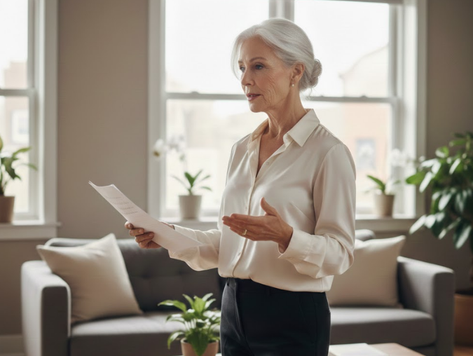 Varför är förberedelse avgörande för ett levande budskap? En äldre kvinna med silvergrått hår uppsatt i en låg knut står i ett ljust vardagsrumsliknande rum och håller ett papper i vänster hand. Hon bär en ljus blus och mörka byxor. Hennes högra hand är lätt upplyft med öppen handflata, som om hon samtidigt tänker och förklarar. Bakom henne syns en soffa med kuddar, gröna växter och stora fönster som släpper in mjukt dagsljus. Hon verkar öva högt för sig själv och gå igenom formuleringar innan ett framträdande.