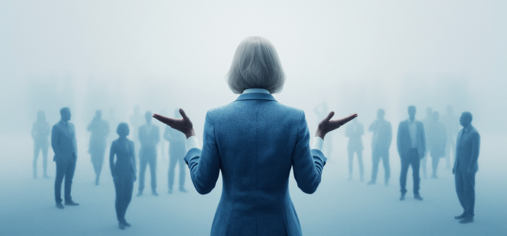 En person står med ryggen mot kameran i ett visuellt dimmigt, ljusblått rum. Personen har kort, grått hår och bär en blå kavaj. Båda armarna är lätt utsträckta åt sidorna med handflatorna uppåt, som i en frågande eller resonerande gest. Framför personen, på lite avstånd, syns flera suddiga silhuetter av människor utspridda i rummet. Bilden förmedlar känslan av att tala till många, men utan tydlig kontakt eller gensvar.