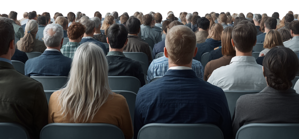 Bild som visar en publik som sitter i rader tittandes mot scenen