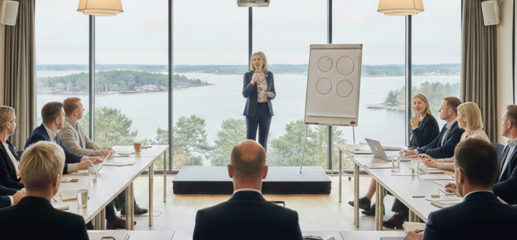 En ledare står på en liten scen och presenterar för en grupp kollegor som sitter runt bord med laptops. Deltagarna lyssnar uppmärksamt och presentationen sker i en ljus konferensmiljö med utsikt över natur och vatten. Bilden förmedlar ledarskap, storytelling och gemensamt fokus.