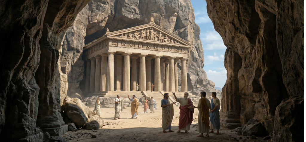 Vad är retorikens rötter och varför använder vi fortfarande dess idéer? Genom en öppning i en grotta syns ett antikt tempel med höga kolonner inhugget i klippan. Framför templet står flera människor i ljusa, draperade kläder och samtalar i små grupper. Några gestikulerar med händerna, andra lyssnar uppmärksamt. Solen lyser in från höger och skapar ett varmt ljus över stenmarken och templets fasad.