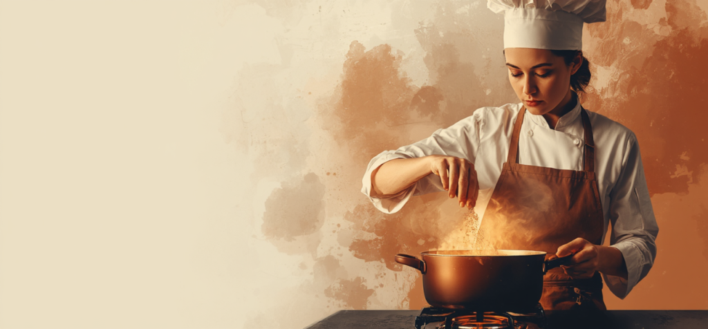 En kock står vid spisen och lagar mat genom att tillsätta kryddor i en kastrull. Bilden används som en metafor för hur ett budskap byggs med omsorg, balans och medvetna val.
