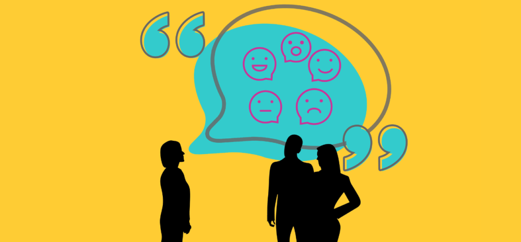 n stiliserad illustration på gul bakgrund. I mitten syns en stor turkos pratbubbla formad som ett huvud. Inuti bubblan finns fem enkla ansikten i lila linjer som visar olika känslor: glad, neutral, ledsen, förvånad och nöjd. Framför pratbubblan står tre svarta silhuetter av människor, två tillsammans och en lite vid sidan, som om de samtalar eller lyssnar. Bilden förmedlar hur tankar, känslor och inre upplevelser delas i kommunikation.