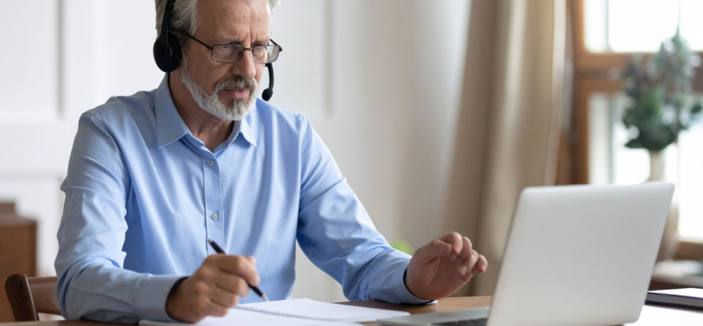 En gråhårig man som är ledare för sin organisation genomför ett digitalt möte. Mannen är gråhårig med grått med skägg och glasögon sittandes vid ett skrivbord framför en bärbar dator. Han bär en ljusblå skjorta och ett headset med mikrofon. Med ena handen håller han en penna över ett anteckningsblock, med den andra gör han en liten gest mot skärmen. Han sitter i ett ljust rum med fönster i bakgrunden och har ett koncentrerat, lugnt uttryck.