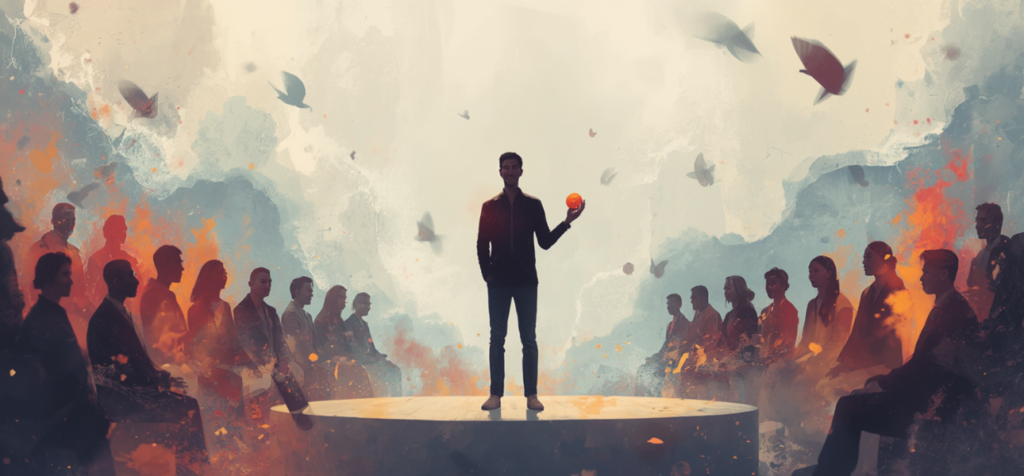 En ensam man står på en rund, upphöjd scen i mitten av ett rum. Han är klädd i mörka kläder och står stadigt med rak hållning. I ena handen håller han ett litet lysande klot, i den andra hänger armen avslappnat längs sidan. Runt scenen sitter människor i halvcirkel och betraktar honom. Miljön är konstnärlig och drömlik, med mjuka färger, virvlande former och fåglar som rör sig i luften, vilket skapar en känsla av lugn mitt i rörelse.