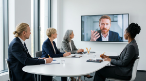 Fyra personer sitter runt ett runt konferensbord i ett ljust mötesrum med stora fönster. Två kvinnor och två män sitter med kroppen vänd mot en stor skärm på väggen. På skärmen syns en man med rött skägg och kort hår som deltar i ett digitalt möte. Han tittar rakt in i kameran och gestikulerar med ena handen nära ansiktet, som för att förstärka sitt budskap. De som sitter i rummet har anteckningsblock och pennor framför sig och lyssnar uppmärksamt.
