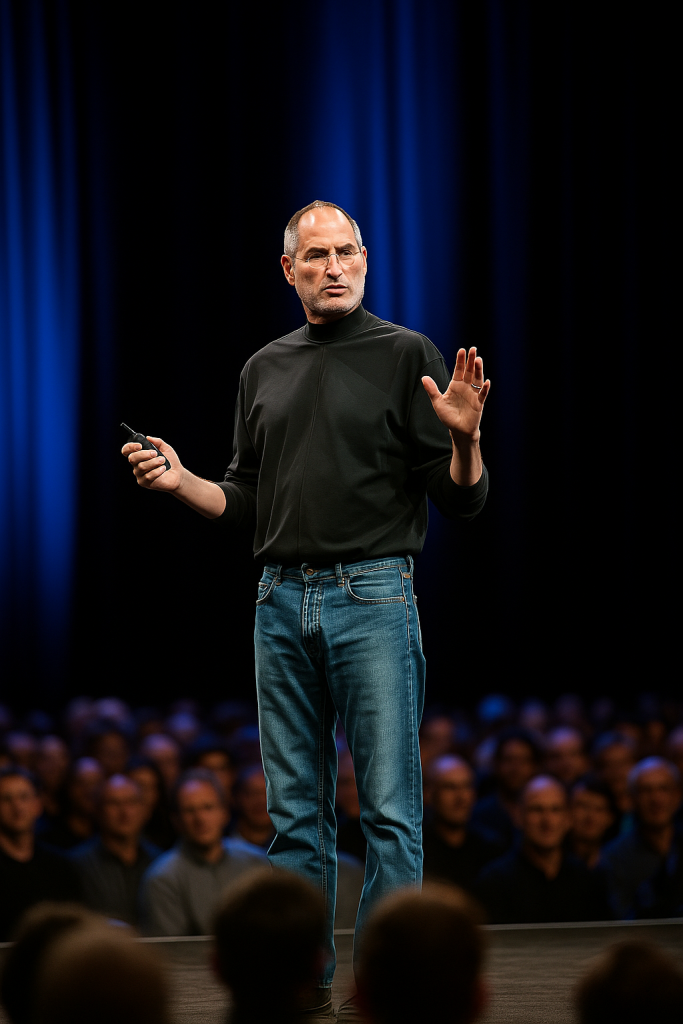 Person på scen i svart polotröja och jeans som gestikulerar under en keynote, med stor publik i bakgrunden.