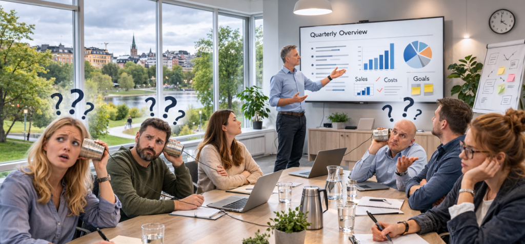 Vad är skillnaden mellan att nå ut med information och att verkligen nå in till en mottagare? Ett mötesrum med en grupp kollegor runt ett konferensbord där flera deltagare ser fundersamma ut och lutar huvudet mot handen eller tittar mot varandra. En man står vid en stor skärm och pekar på stapeldiagram och cirkeldiagram i en presentation. På bordet ligger datorer, anteckningsblock och glas med vatten. Genom stora fönster syns en stadsmiljö utanför. Flera personer har frågande ansiktsuttryck, vilket visar att informationen visas men inte riktigt landar hos mottagarna.