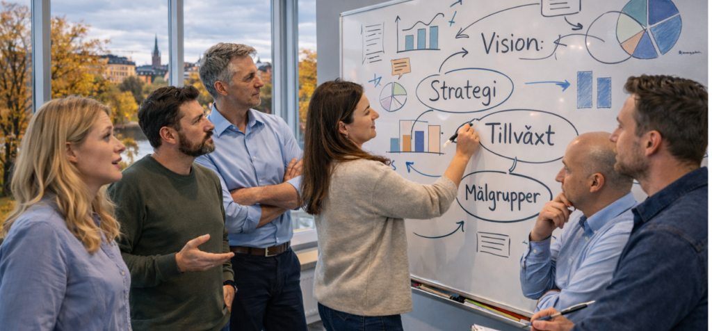 Hur går man från fakta och information till riktning och betydelse? Hur når man in med ett budskap?

En grupp kollegor står samlade runt en whiteboard i ett mötesrum med stora fönster och höstträd utanför. En kvinna ritar och skriver ord som “Vision”, “Strategi”, “Tillväxt” och “Målgrupper” tillsammans med pilar och diagram, medan de andra tittar fokuserat, lyssnar och diskuterar. Flera personer lutar sig framåt och pekar mot tavlan, vilket visar ett gemensamt meningsskapande snarare än en ensidig presentation.