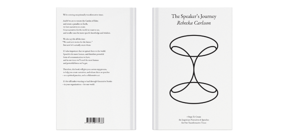 Vad är boken “The Speaker’s Journey” och varför rekommenderas den för ledare och talare? På en webbsida under rubriken “Fördjupning” visas två bilder av en vit bok: till vänster baksidan med en längre text och streckkod, till höger framsidan med titeln “The Speaker’s Journey – Rebecca Carlsson” och en enkel svart, symmetrisk symbol i mitten.