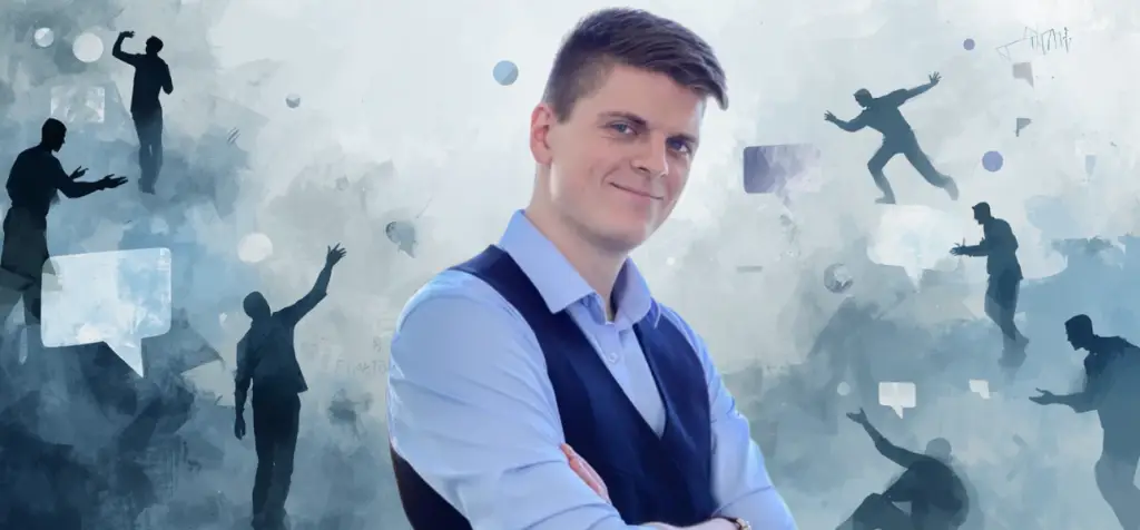 Vem är Filip Rejneby och vad kan vi lära av hans presentationer? Ett porträtt av en man i ljus skjorta och mörk väst som står mot en ljus, neutral bakgrund. Han är lätt vänd åt sidan men tittar mot kameran med ett lugnt och professionellt uttryck.