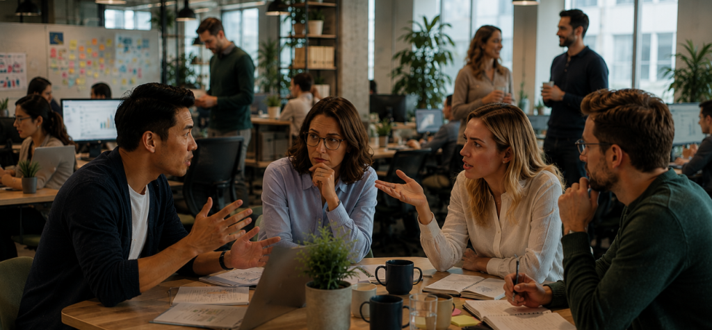 Hur skapar intern kommunikation samsyn och delaktighet i en organisation? Fyra kollegor sitter runt ett bord i ett öppet kontorslandskap och för ett engagerat samtal. En man till vänster förklarar något med öppna handrörelser, medan en kvinna mittemot svarar med en egen gest. De två andra deltagarna lyssnar uppmärksamt och funderar. På bordet finns bärbara datorer, anteckningar, kaffekoppar och en liten grön växt. I bakgrunden arbetar och samtalar fler medarbetare i en modern och ljus kontorsmiljö.