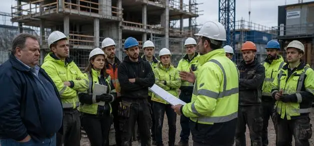 Vad är skillnaden mellan information och kommunikation, och vad avgör om människor blir delaktiga? En arbetsledare står med ryggen mot kameran på en byggarbetsplats och håller ett dokument i handen medan han talar till ett arbetslag på ett tiotal personer. Gruppen består av personer i varselkläder och skyddshjälmar som står samlade i en halvcirkel. Några har armarna i kors, andra håller händerna i fickorna eller tittar koncentrerat mot arbetsledaren. I bakgrunden syns byggställningar, kranar och en byggnad under uppförande.