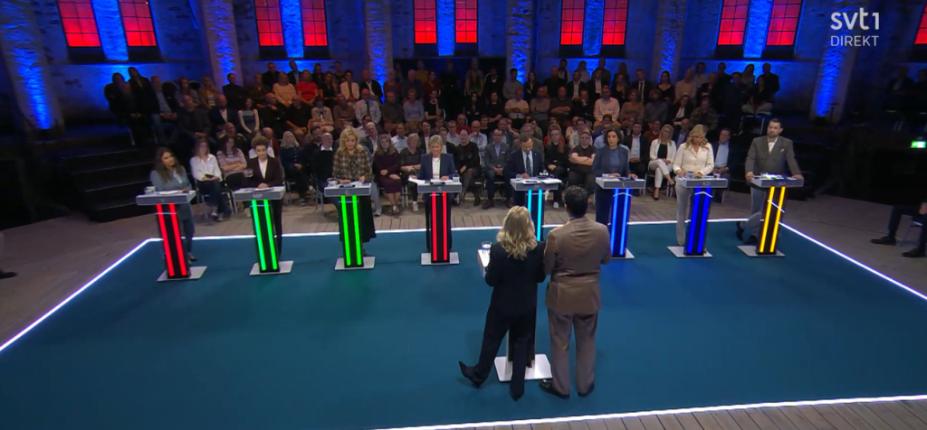 Vilka retoriska verktyg använder politiker för att påverka oss i en valdebatt? Översiktsbild från SVT:s valdebattsändning där partiledarna står vid färgmarkerade podier på en mörkblå scen. Programledarna står i mitten och en stor publik sitter runt scenen. Bilden visar den miljö där ord, argumentation, röst, kroppsspråk, blickar och reaktioner tillsammans formar den politiska kommunikationen.
